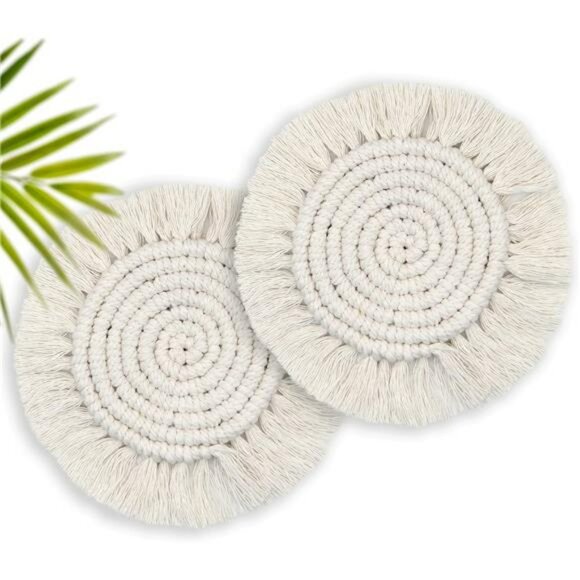 Boho Macrame Drink Coasters Set of 2 Large 7 Inch Woven Absorbent Cup Holder - Picture 1 of 7
